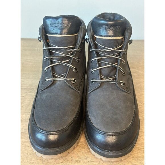 FUBO Vintage Men's 6.5 Women 8.5 Black Leather Ankle Boots Chunky Sole Steel Toe - Picture 3 of 10